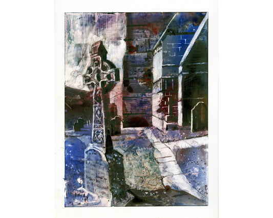 Rock of Cashel Ireland Castle Celtic Cross Landscape Watercolor Painting (original)