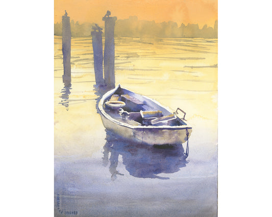 Watercolor painting boat Lake Garda Italian decor travel essentials  interior design landscape watercolor wall art (original)