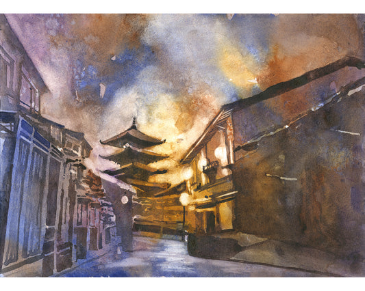 Vibrant watercolor painting of Hōkan-ji Temple (Yasaka Pagoda) in Kyoto, Japan, showcasing the iconic pagoda surrounded by lush greenery—perfect historical Japanese wall decor for home or office