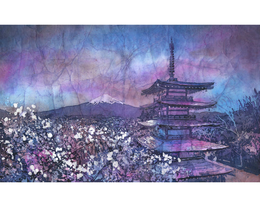 Watercolor painting of a Japanese pagoda overlooking Mount Fuji with cherry blossoms and purple twilight sky