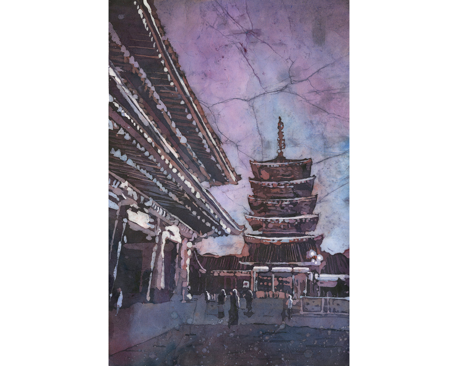 Senso-ji Temple watercolor batik painting, Tokyo Japan skyline with five-story pagoda, handmade travel art, Japanese architecture decor
