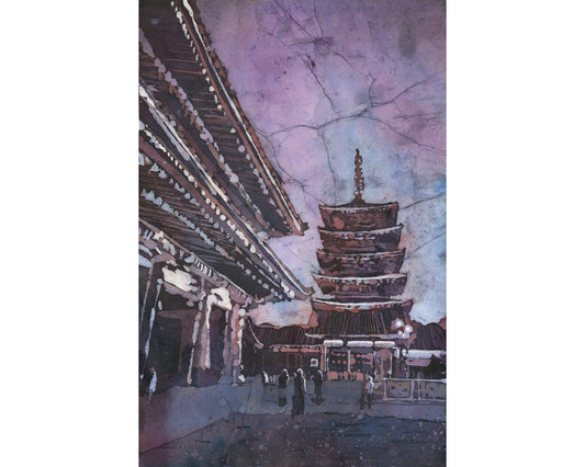 Senso-ji Temple watercolor batik painting, Tokyo Japan skyline with five-story pagoda, handmade travel art, Japanese architecture decor