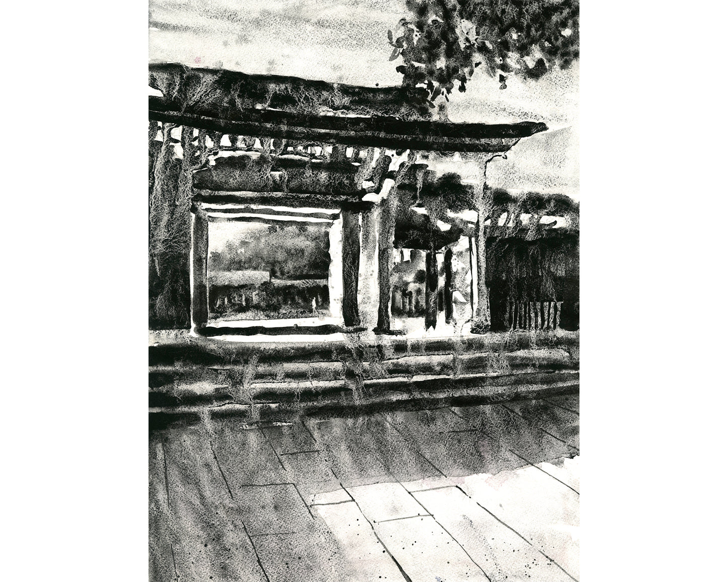 Meiji Jingu shinto temple Tokyo Japan monochromatic watercolor painting handmade item Japanese architecture travel home decor wall artwork (original)