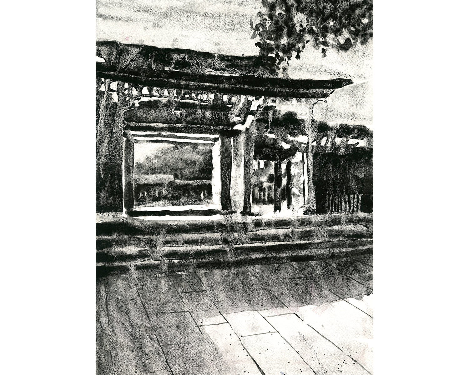 Meiji Jingu shinto temple Tokyo Japan monochromatic watercolor painting handmade item Japanese architecture travel home decor wall artwork (original)