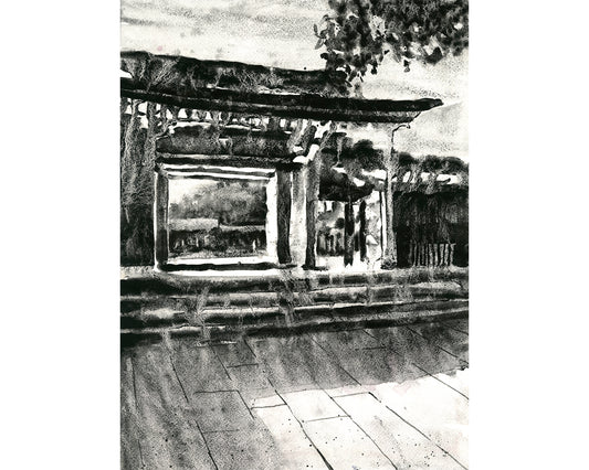 Meiji Jingu shinto temple Tokyo Japan monochromatic watercolor painting handmade item Japanese architecture travel home decor wall artwork (original)