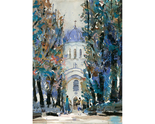Colorful watercolor painting Church of St. Michael the Archangel Kaunas Lithuania skyline home decor art for house travel essential (original)