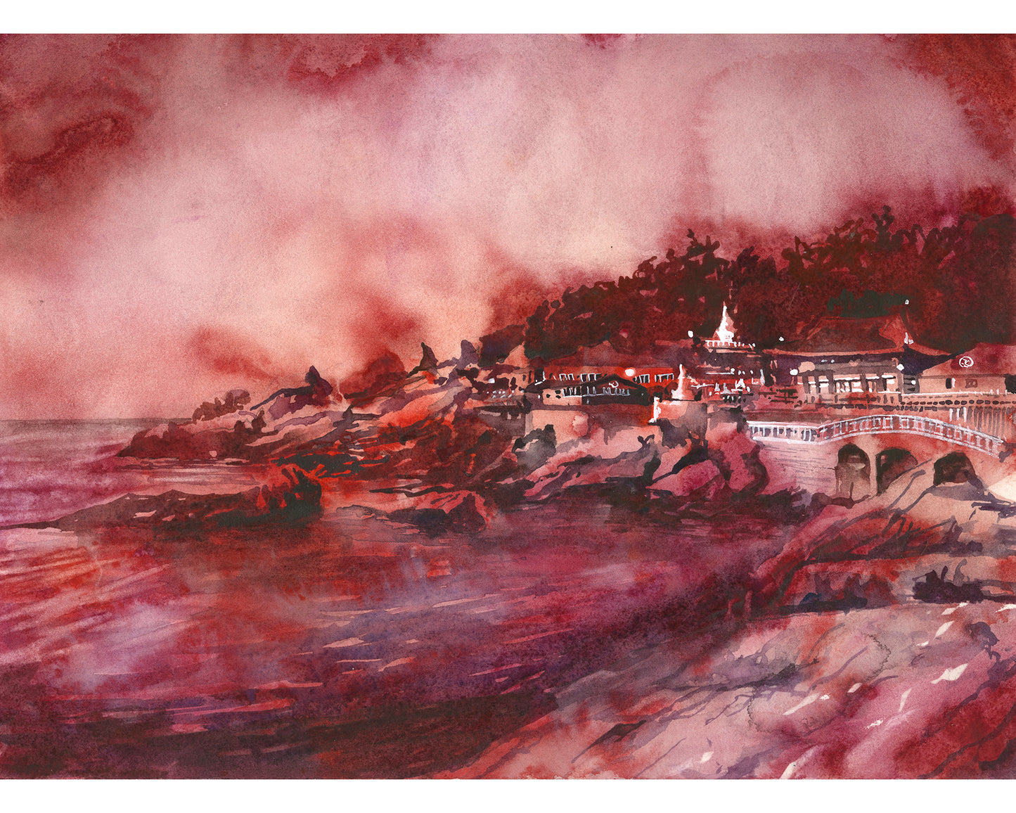 Busan Korea colorful watercolor batik Haedong Yonggung Buddhist Temple Asian decor artwork handmade item Korean landscape religious architecture (original)
