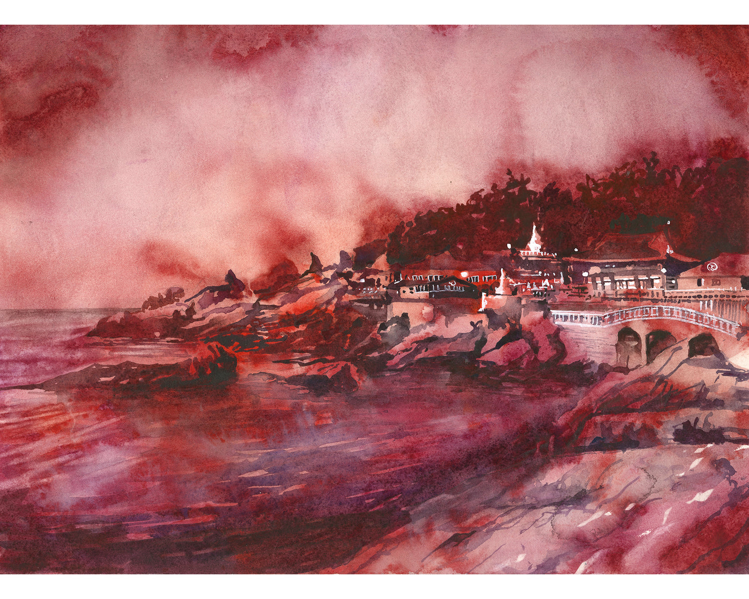 Busan Korea colorful watercolor batik Haedong Yonggung Buddhist Temple Asian decor artwork handmade item Korean landscape religious architecture (original)