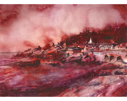Busan Korea colorful watercolor batik Haedong Yonggung Buddhist Temple Asian decor artwork handmade item Korean landscape religious architecture (original)