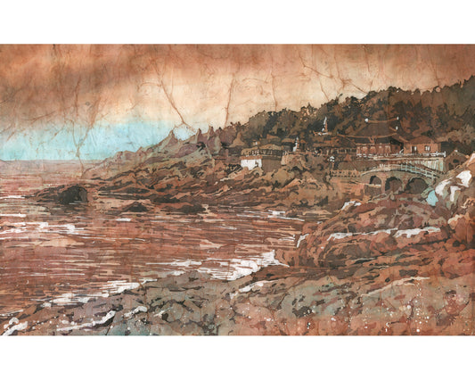 Haedong Yonggungsa Temple seaside watercolor batik painting on Japanese rice paper — Busan Korea coastal temple artwork for travel lovers