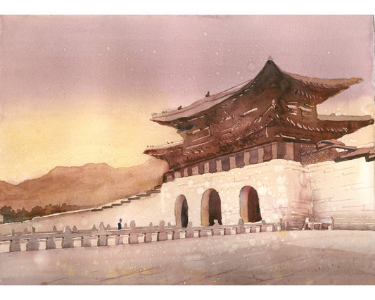 Watercolor painting of Gyeongbokgung Palace gate at sunset in Seoul, Korea – traditional Korean architecture art