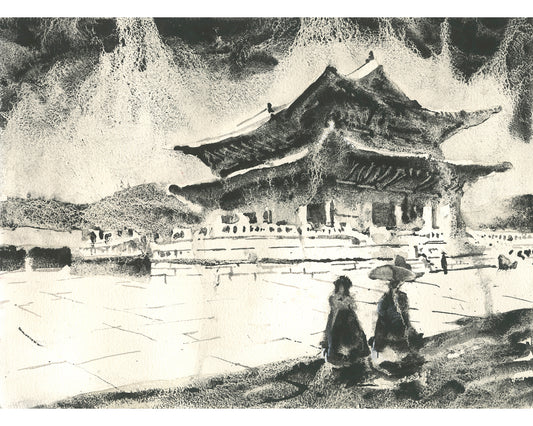 Monochromatic watercolor landscape of Gyeongbokgung Palace in Seoul, South Korea, featuring traditional Korean architecture and serene mountain backdrop—ideal handmade art for travel-themed interiors or Korean decor lovers.