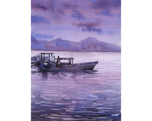 Watercolor landscape painting sunset Lake Atitlan Guatemala trendy wall art travel essentials lake boat nautical decor (print)