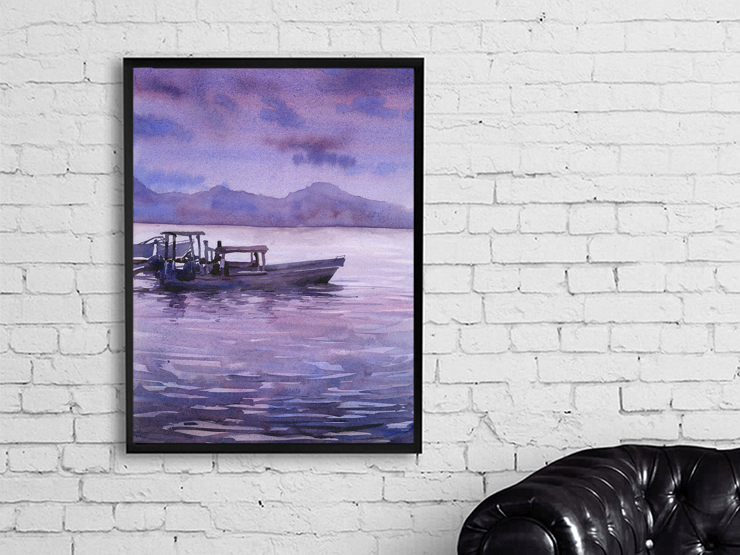 Watercolor landscape painting sunset Lake Atitlan Guatemala trendy wall art travel essentials lake boat nautical decor (print)