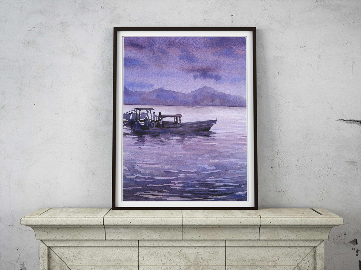 Watercolor landscape painting sunset Lake Atitlan Guatemala trendy wall art travel essentials lake boat nautical decor (print)