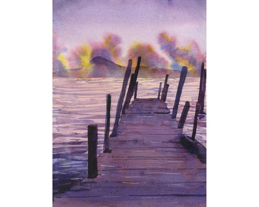 Watercolor landscape painting sunset Lake Atitlan Guatemala trendy wall art trave essentials lake boat nautical decor (original)