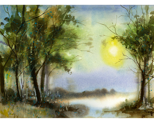 Colorida pintura de acuarela de paisaje al atardecer, arte de diseño de interiores para la casa, arte de pared de moda, artículo hecho a mano, decoración del hogar del bosque (impresión)