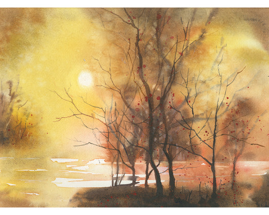 Colorida pintura de acuarela de paisaje al atardecer, arte de diseño de interiores para la casa, arte de pared de moda, artículo hecho a mano, decoración del hogar del bosque (original)