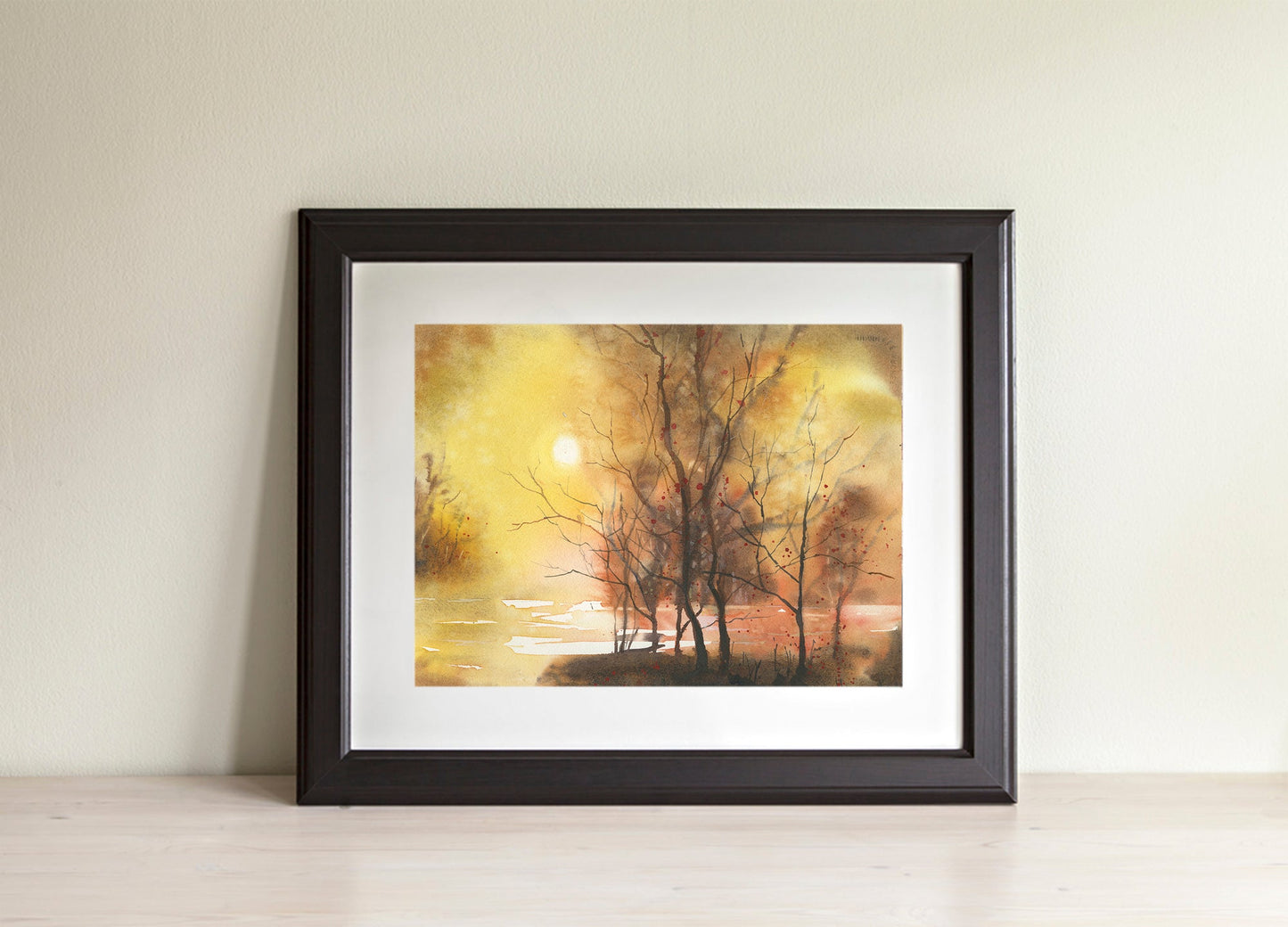 Colorful sunset landscape watercolor painting, interior design art for house trendy wall artwork handmade item forest home decor (print)