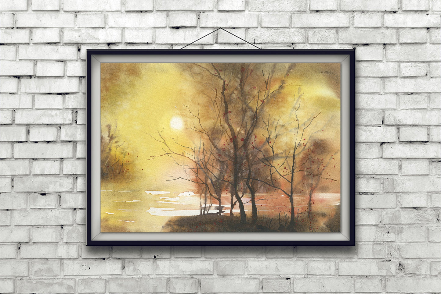 Colorful sunset landscape watercolor painting, interior design art for house trendy wall artwork handmade item forest home decor (print)