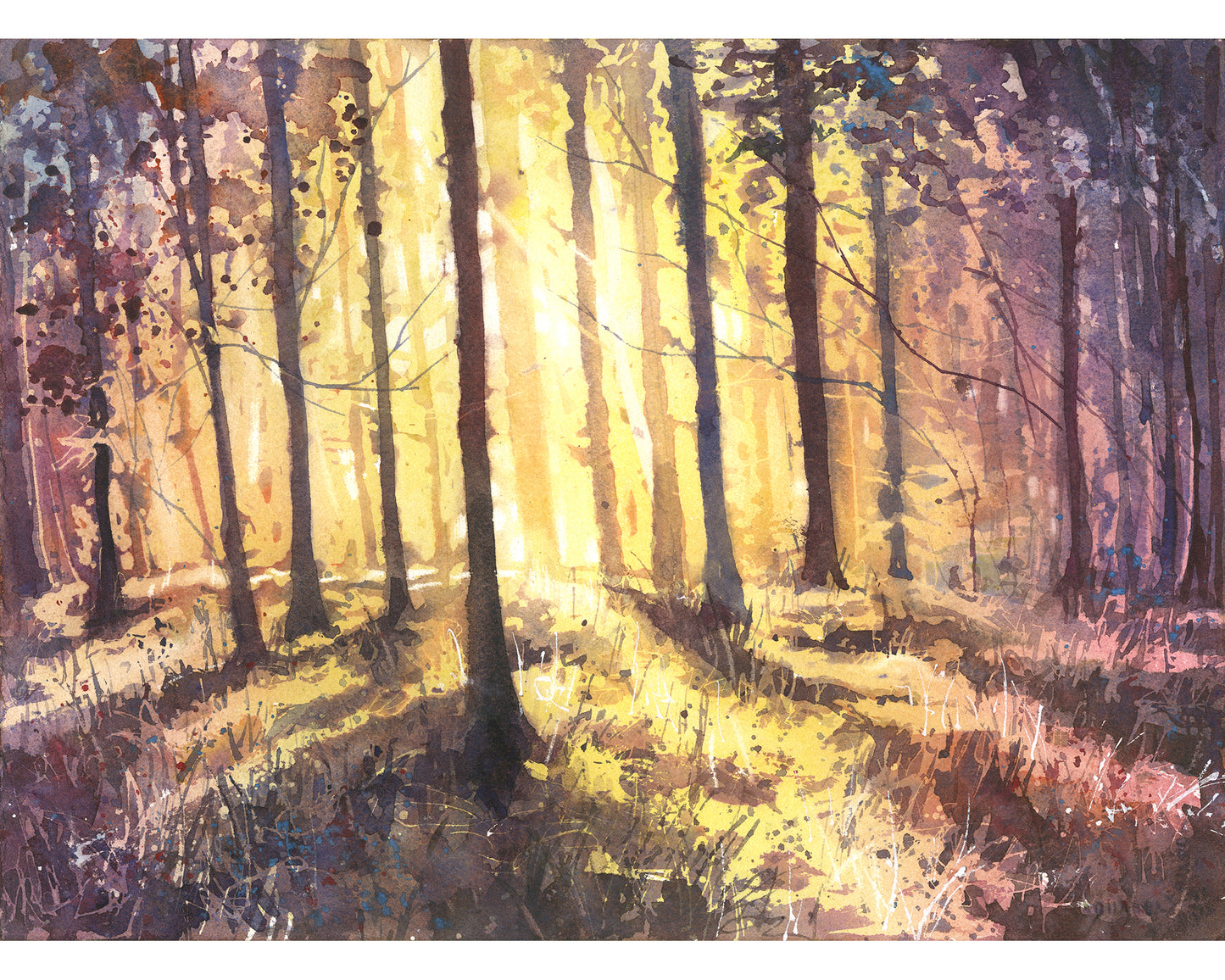 Colorful forest at sunset watercolor landscape painting suns rays sunset artwork art for house handmade item trees decor (original)