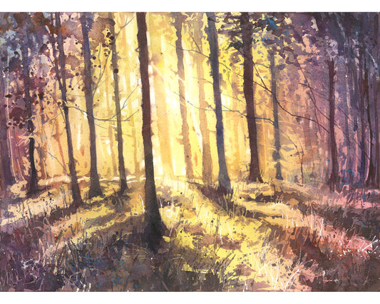 Colorful forest at sunset watercolor landscape painting suns rays sunset artwork art for house handmade item trees decor (original)