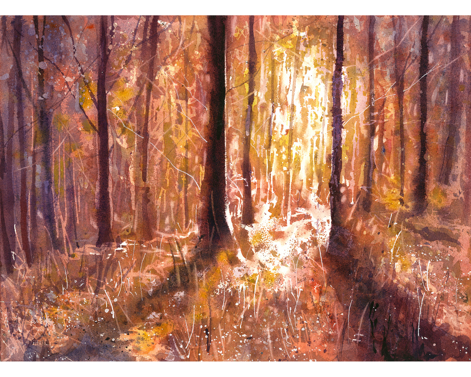 Colorful watercolor forest landscape painting with glowing sun rays through trees