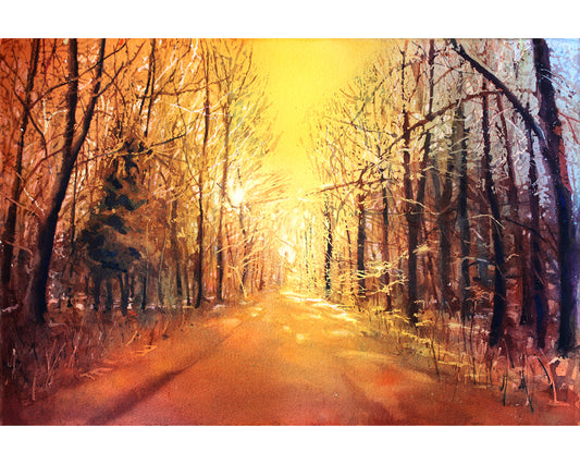 A colorful watercolor landscape painting fine art for home featuring a glowing forest path at sunrise, where warm golden light filters through bare winter trees, casting long shadows on the earthy trail.