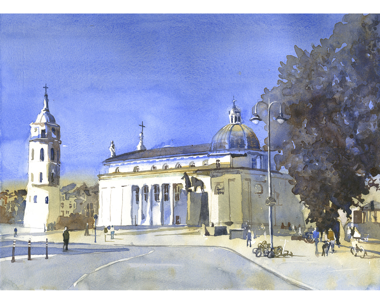 Watercolor painting of Vilnius Cathedral and Bell Tower in Lithuania with blue sky, city square, and sunlit neoclassical architecture