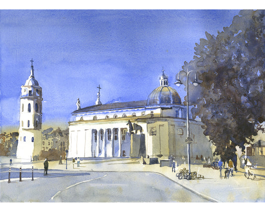 Watercolor painting of Vilnius Cathedral and Bell Tower in Lithuania with blue sky, city square, and sunlit neoclassical architecture