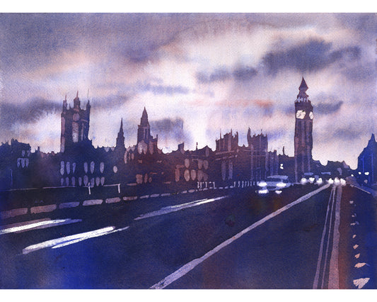 Big Ben & Parliament in city of London- England at sunset. Watercolor painting of Big Ben at sunset, home decor London, Big Ben artwork (print)