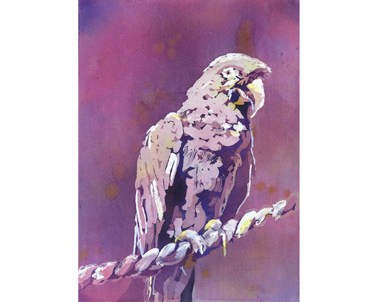 A colorful watercolor painting bird on branch wildlife home decor-original piece showing a small songbird resting on a delicate tree limb, surrounded by fluid washes of green, blue, and amber tones that evoke a serene woodland vibe.