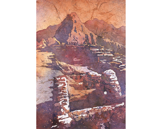 A vibrant watercolor painting of Machu Picchu in the Sacred Valley, Peru, featuring ancient stone terraces and green mountain peaks—perfect colorful home decor and graduation gift print.