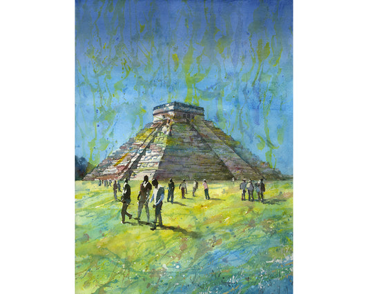 A colorful watercolor painting of El Castillo pyramid at Chichen Itza, Mexico, with vivid skies and lush greenery, perfect as Mayan ruins art and home decor (print).