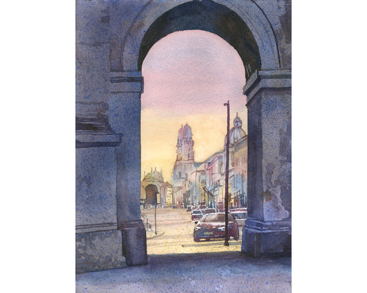 Watercolor painting Munich Germany Arc de Triump, cityscape travel essentials trendy wall art colorful sunset artwork Europe decor (original)