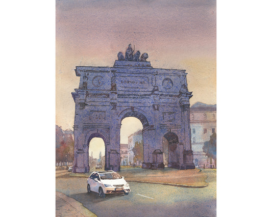 Watercolor painting Munich Germany Arc de Triump, cityscape travel essentials trendy wall art colorful sunset artwork Europe decor (original)