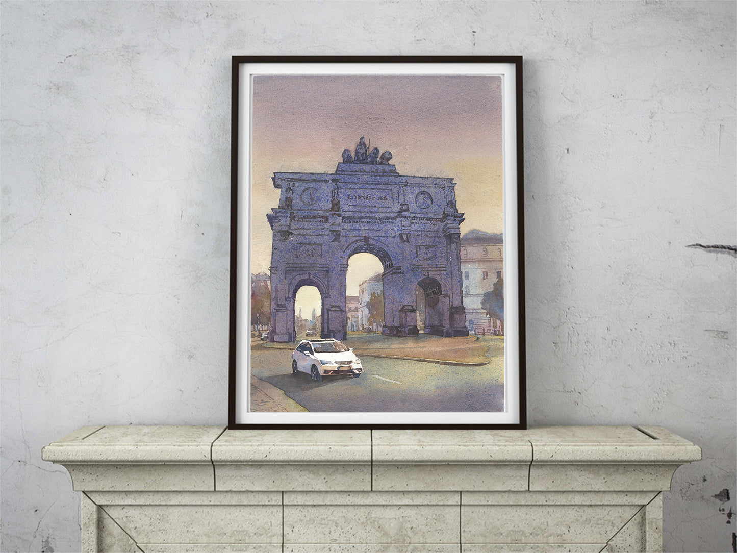 Watercolor painting Munich Germany Arc de Triump, cityscape travel essentials trendy wall art colorful sunset artwork Europe decor (original)