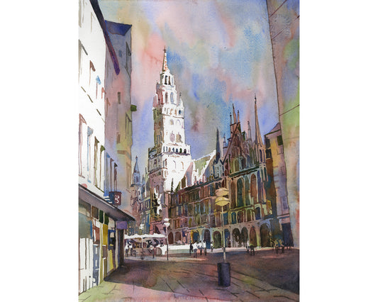 Watercolor painting Munich Germany church cityscape travel essentials trendy wall art colorful sunset artwork Europe decor (original)