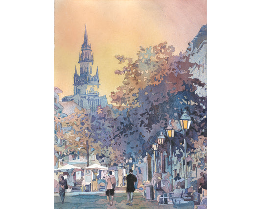 Munich Germany skyline artwork, travel essentials  colorful sunset art (print)