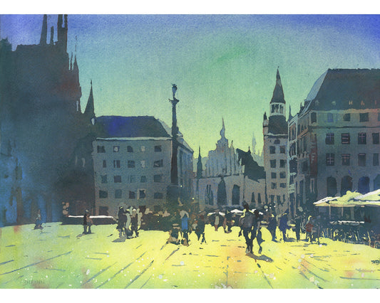 Munich Germany skyline colorful watercolor painting, home decor Europe print wall watercolor travel essentials gift for house (original)