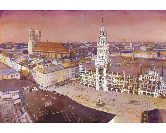 Munich Germany skyline watercolor landscape painting art for house travel decor handmade item giclee (print)