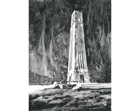 Decoración universitaria NCSU Bell Tower North Carolina State University acuarela pintura obra de arte en blanco y negro (impresión)