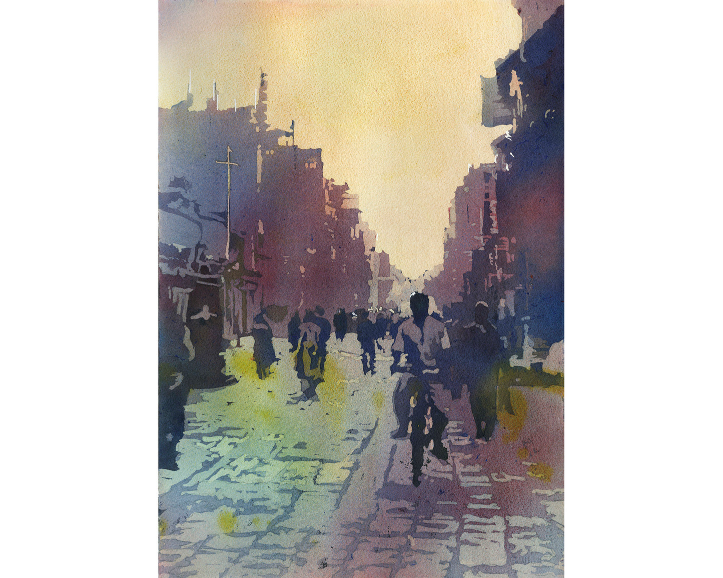 Kathmandu street scene- watercolor painting of people on street in Kathmandu, Nepal.  Nepal city Kathmandu Valley artwork fine art painting architecture (print)