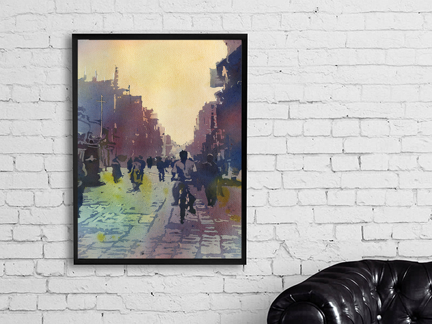 Kathmandu street scene- watercolor painting of people on street in Kathmandu, Nepal.  Nepal city Kathmandu Valley artwork fine art painting architecture (print)