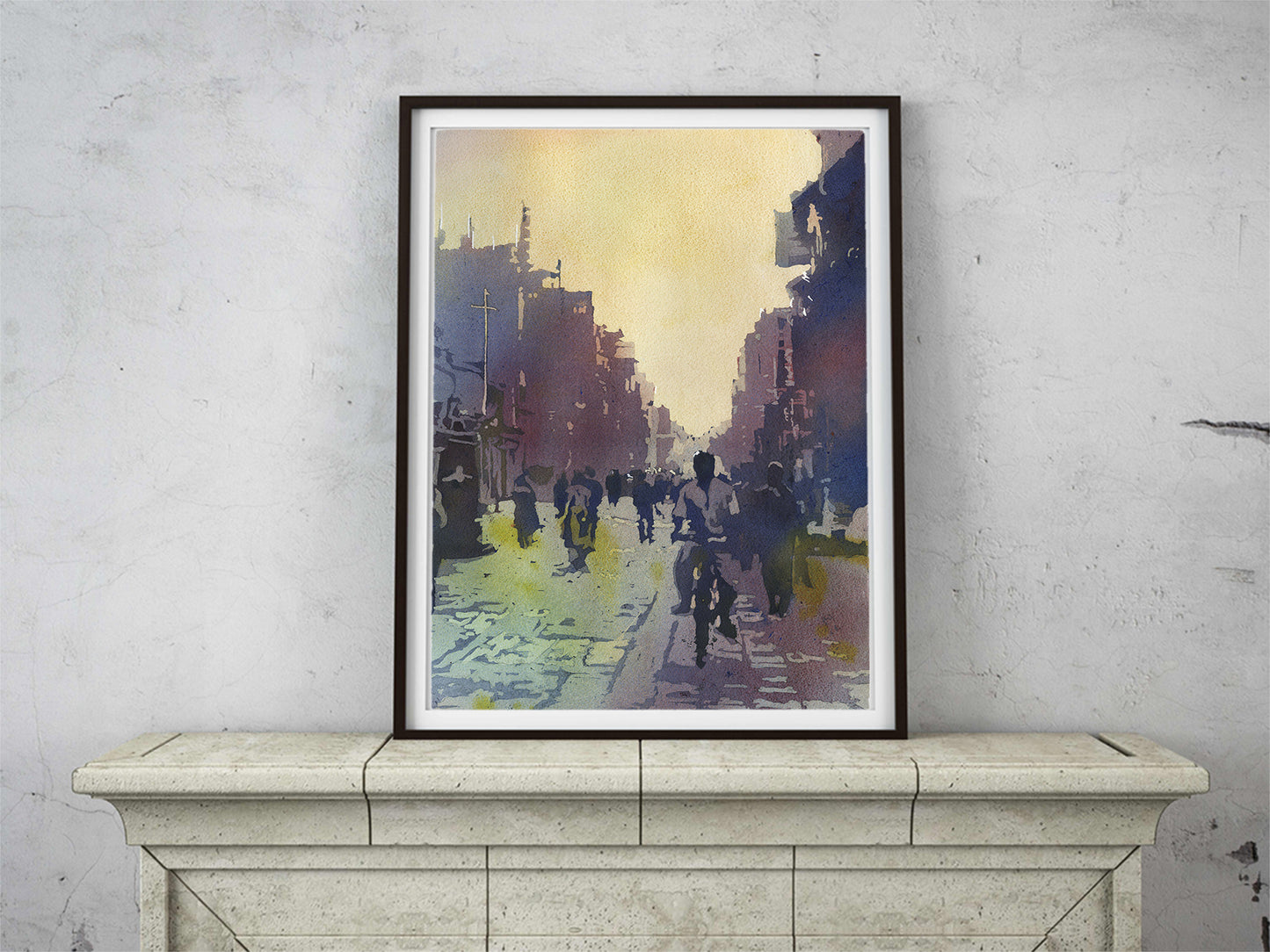 Kathmandu street scene- watercolor painting of people on street in Kathmandu, Nepal.  Nepal city Kathmandu Valley artwork fine art painting architecture (print)