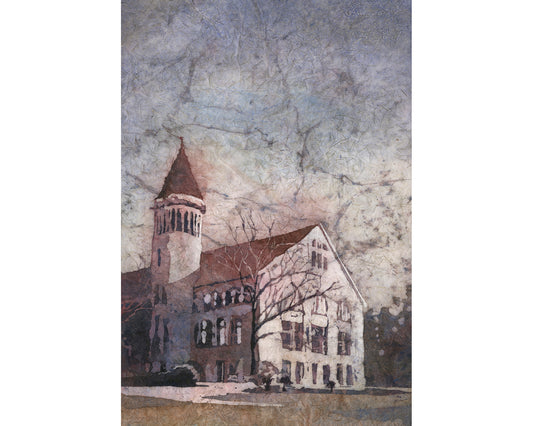 Watercolor painting of Orton Hall’s iconic Romanesque architecture on the OSU Oval in Columbus, Ohio—ideal graduation present or alumni gift for Ohio State University fans.