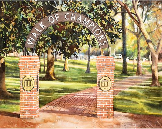 Colorful watercolor painting of the Walk of Champions at Ole Miss in Oxford, Mississippi.