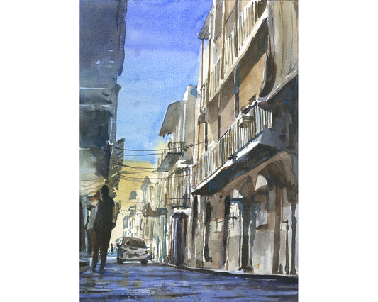 Street scene Panama City Panama watercolor painting, artwork trendy wall art travel essentials architecture (print)