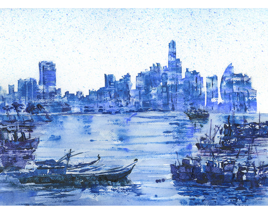 Skyline Panama City Panama watercolor painting, boat nautical artwork trendy wall art travel essentials architecture print