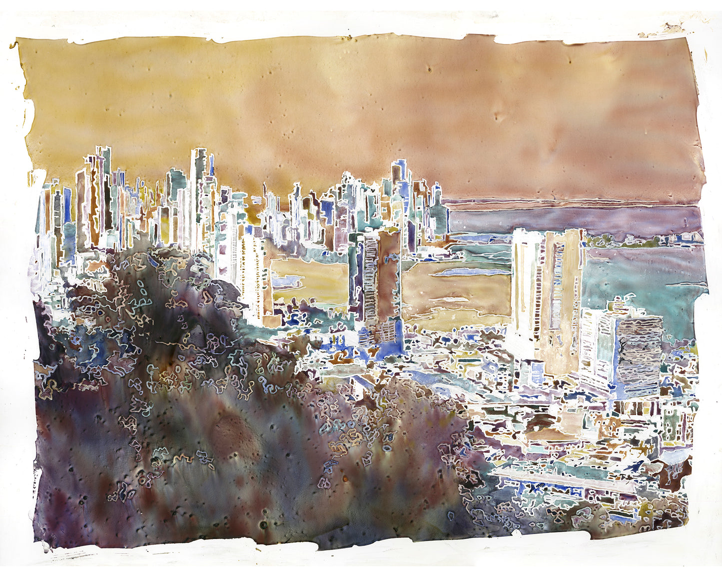 Sunset Panama City Centroamérica puerto moderno arte de pared hecho a mano decoración del hogar horizonte barco náutico viaje esencial giclee (impresión)